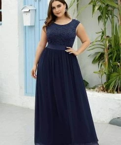 Ever-Pretty US Classic Round Neck V Back Lace Bodice Bridesmaid Dress