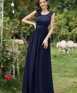 Ever-Pretty US Classic Round Neck V Back Lace Bodice Bridesmaid Dress