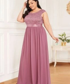 Ever-Pretty US Plus Size Classic Round Neck V Back A-Line Chiffon Bridesmaid Dresses With Lace