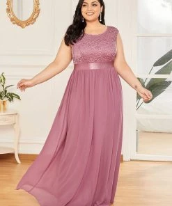 Ever-Pretty US Plus Size Classic Round Neck V Back A-Line Chiffon Bridesmaid Dresses With Lace