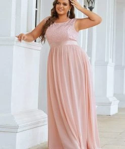 Ever-Pretty US Plus Size Classic Round Neck V Back A-Line Chiffon Bridesmaid Dresses With Lace