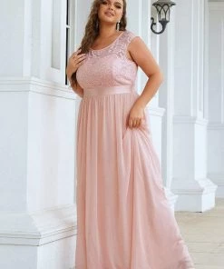 Ever-Pretty US Plus Size Classic Round Neck V Back A-Line Chiffon Bridesmaid Dresses With Lace