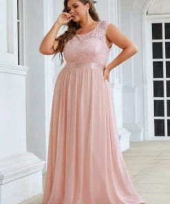 Ever-Pretty US Plus Size Classic Round Neck V Back A-Line Chiffon Bridesmaid Dresses With Lace