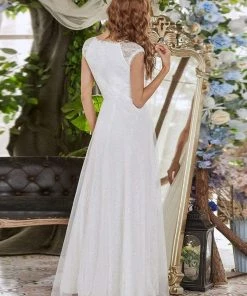 Ever-Pretty US Romantic White V Neck A-Line Tulle Wedding Dresses With Floral Lace
