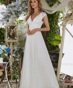 Ever-Pretty US Romantic White V Neck A-Line Tulle Wedding Dresses With Floral Lace