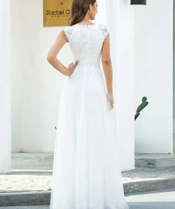 Ever-Pretty US Romantic White V Neck A-Line Tulle Wedding Dresses With Floral Lace