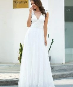 Ever-Pretty US Romantic White V Neck A-Line Tulle Wedding Dresses With Floral Lace