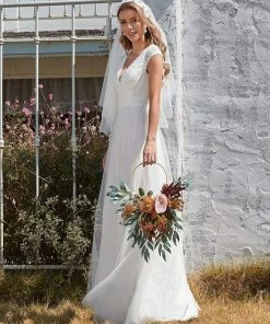 Ever-Pretty US Romantic White V Neck A-Line Tulle Wedding Dresses With Floral Lace