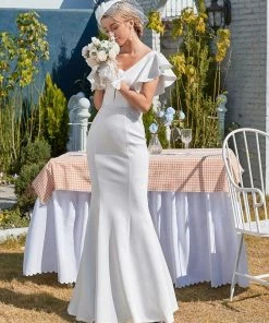 Ever-Pretty US SHOP BY STYLE Plain Maxi Fishtail Corset Elopement Wedding Dress With Ruffle Sleeves