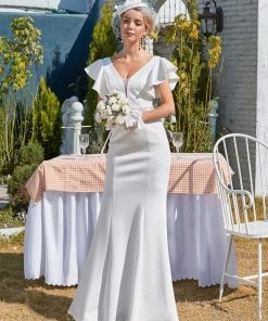 Ever-Pretty US SHOP BY STYLE Plain Maxi Fishtail Corset Elopement Wedding Dress With Ruffle Sleeves