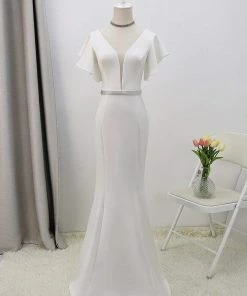 Ever-Pretty US SHOP BY STYLE Plain Maxi Fishtail Corset Elopement Wedding Dress With Ruffle Sleeves