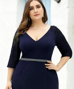 Ever-Pretty US Women's V-Neck 3/4 Sleeve Mermaid Plus Size Evening Dress