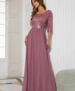 Ever-Pretty US Elegant Round Neckline Long Sleeves Sequin Evening Dress