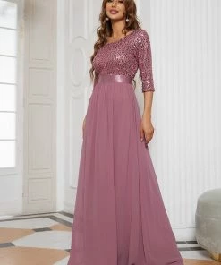 Ever-Pretty US Elegant Round Neckline Long Sleeves Sequin Evening Dress