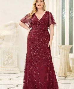 Ever-Pretty US Summer Dresses 2022 Custom Size Sparkly Embroidery Sequin V Neck Mermaid Evening Dress