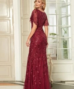 Ever-Pretty US Sparkly Embroidery Sequin V Neck Mermaid Evening Dress