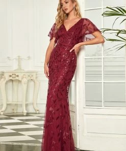 Ever-Pretty US Summer Dresses 2022 Custom Size Sparkly Embroidery Sequin V Neck Mermaid Evening Dress