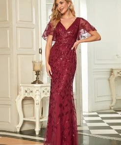 Ever-Pretty US Summer Dresses 2022 Custom Size Sparkly Embroidery Sequin V Neck Mermaid Evening Dress
