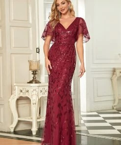 Ever-Pretty US Summer Dresses 2022 Custom Size Sparkly Embroidery Sequin V Neck Mermaid Evening Dress