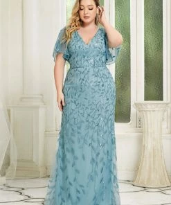 Ever-Pretty US Sparkly Embroidery Sequin V Neck Mermaid Evening Dress