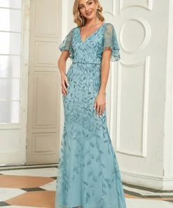 Ever-Pretty US Sparkly Embroidery Sequin V Neck Mermaid Evening Dress