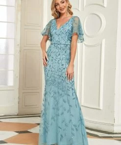 Ever-Pretty US Gorgeous V Neck Leaf-Sequined Fishtail Party Dress