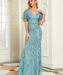 Ever-Pretty US Summer Dresses 2022 Custom Size Sparkly Embroidery Sequin V Neck Mermaid Evening Dress