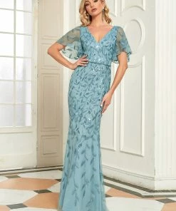 Ever-Pretty US Sparkly Embroidery Sequin V Neck Mermaid Evening Dress