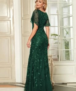 Ever-Pretty US Sparkly Embroidery Sequin V Neck Mermaid Evening Dress