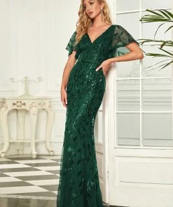 Ever-Pretty US Sparkly Embroidery Sequin V Neck Mermaid Evening Dress