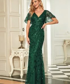Ever-Pretty US Gorgeous V Neck Leaf-Sequined Fishtail Party Dress