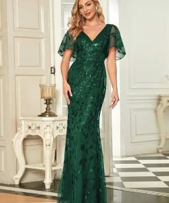 Ever-Pretty US Gorgeous V Neck Leaf-Sequined Fishtail Party Dress