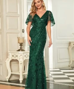 Ever-Pretty US Sparkly Embroidery Sequin V Neck Mermaid Evening Dress
