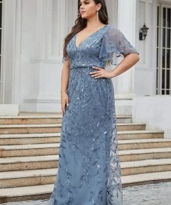 Ever-Pretty US Fashion Plus Size V Neck Mermaid Sequin & Tulle Evening Dress