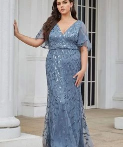 Ever-Pretty US Fashion Plus Size V Neck Mermaid Sequin & Tulle Evening Dress