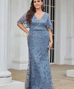Ever-Pretty US Summer Dresses 2022 Custom Size Sparkly Embroidery Sequin V Neck Mermaid Evening Dress