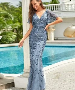 Ever-Pretty US Gorgeous V Neck Leaf-Sequined Fishtail Party Dress
