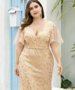 Ever-Pretty US Sparkly Embroidery Sequin V Neck Mermaid Evening Dress