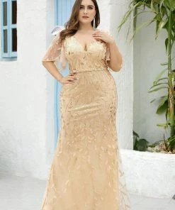 Ever-Pretty US Fashion Plus Size V Neck Mermaid Sequin & Tulle Evening Dress