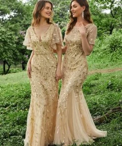 Ever-Pretty US Summer Dresses 2022 Custom Size Sparkly Embroidery Sequin V Neck Mermaid Evening Dress