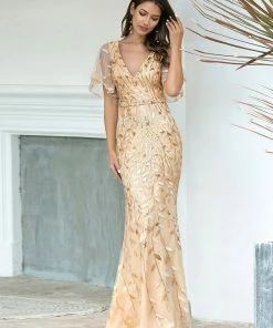 Ever-Pretty US Sparkly Embroidery Sequin V Neck Mermaid Evening Dress