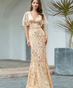 Ever-Pretty US Sparkly Embroidery Sequin V Neck Mermaid Evening Dress