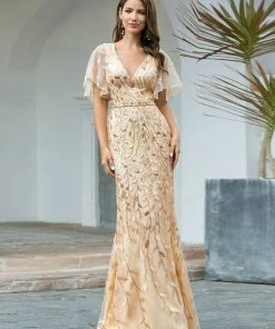 Ever-Pretty US Gorgeous V Neck Leaf-Sequined Fishtail Party Dress