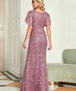 Ever-Pretty US Sparkly Embroidery Sequin V Neck Mermaid Evening Dress