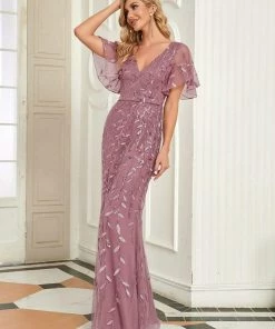 Ever-Pretty US Gorgeous V Neck Leaf-Sequined Fishtail Party Dress