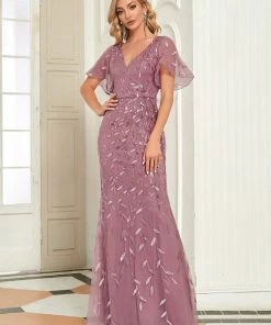Ever-Pretty US Sparkly Embroidery Sequin V Neck Mermaid Evening Dress