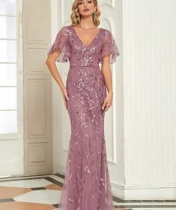 Ever-Pretty US Summer Dresses 2022 Custom Size Sparkly Embroidery Sequin V Neck Mermaid Evening Dress