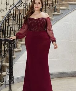 Ever-Pretty US Fashion Off The Shoulder Sequin Evening Gowns With Tulle Sleeve