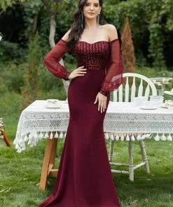 Ever-Pretty US Fashion Off The Shoulder Sequin Evening Gowns With Tulle Sleeve