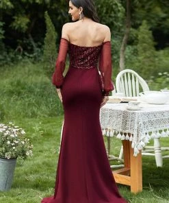 Ever-Pretty US Fashion Off The Shoulder Sequin Evening Gowns With Tulle Sleeve